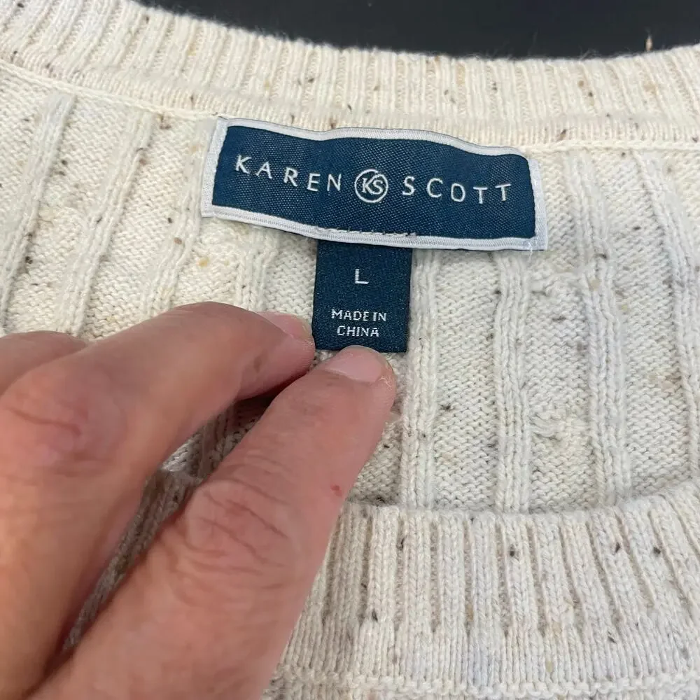 Karen Scott women's Large cream cable knit sweater L/S scoop neck casual top